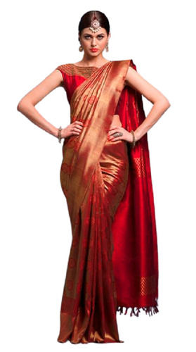 Plain Party Wear Unfadable And Anti Wrinkle Red Cotton Silk Saree With Zari Work