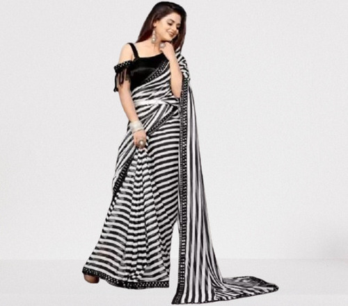 काली और सफ़ेद आरामदायक और हवा पार होने योग्य पार्टी वियर डिज़ाइनर फैंसी साड़ी