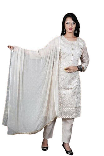 Ladies Round Neck Chanderi Cream Fancy Suits