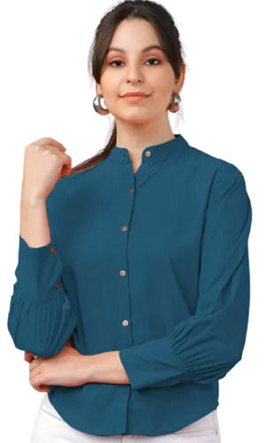 Blue Ladies Regular Fit Casual Wear Full Sleeves Button Closure Plain Western Top