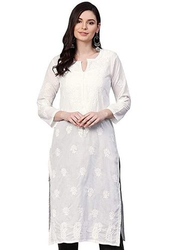 3/4 Sleeves 40 Inch Length White Embroidered Cotton Kurti