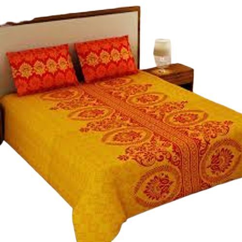 Washable 8.5X 9 Ft For Home And Hotel Use Printed Full Sized Cotton Yellow Double Bed-Sheet