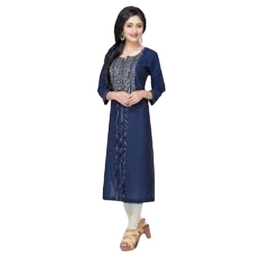 3/4 Sleeve Pattern Round Neckline Plain Design Blue Kurtis For Ladies Fashion Bust Size: 28 Inch (In)