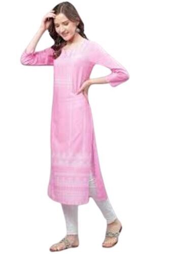 3/4 Sleeve Pattern Round Neckline Plain Design Pink Kurtis For Ladies Fashion Bust Size: 28 Inch (In)