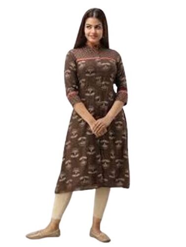 3/4 Sleeve Pattern Round Neckline Printed Ladies Designer Brown Kurtis  Bust Size: 28 Inch (In)