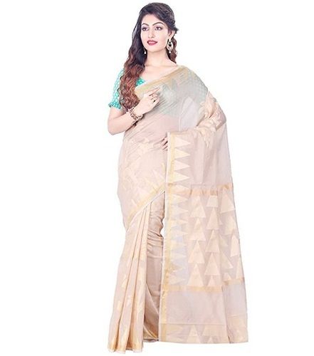 Summer Silk Fabric Cotton Silk Banarsi Style Zari Work Plain Pattern For All Season Party Wear Cream Color Saree