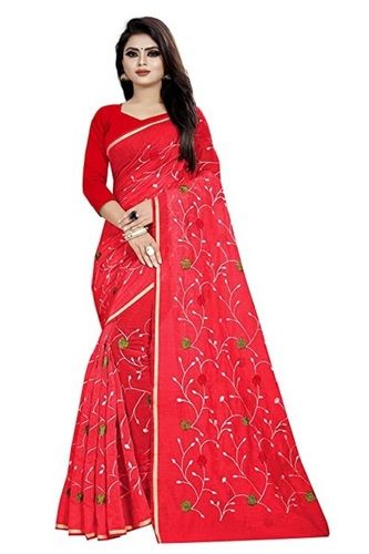 Summer Party Wear Cotton Silk South Style Hand Embroidery Plain Red Saree