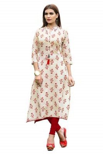 White Round Neck 3/4 Seleev Flower Printed Cotton Silk Kurti