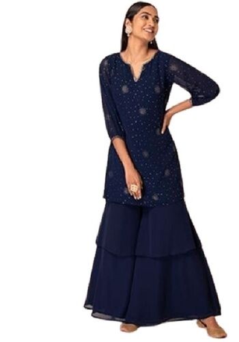 Indian Short Sleeve Navy Blue Georgette Dress For Party Wear