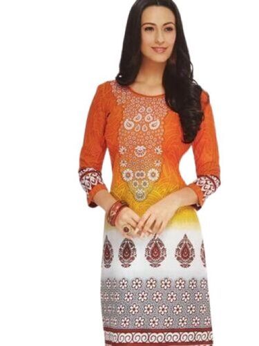 Washable Trendy Slim Fit Cotton Blended Women'S 3/4 Sleeves Printed Fit Neck Kurtis