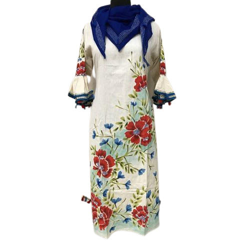 Ladies Skin Friendly And Bell Sleeves Floral Printed Designer Kurti