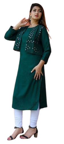 Green Ladies Breathable 3/4Th Sleeves Cotton Kurti With Jacket For Party Wear