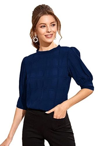 Rainy Round Neck Casual Wear Cotton Plain Blue Ladies Top