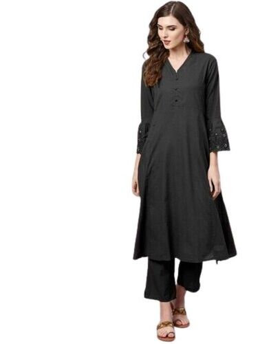 Black Simple And Stylish V-Neck Rayon Ladies Kurti Set