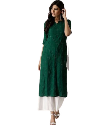 Bottel Green Comfortable Embroidered Straight Kurti For Ladies