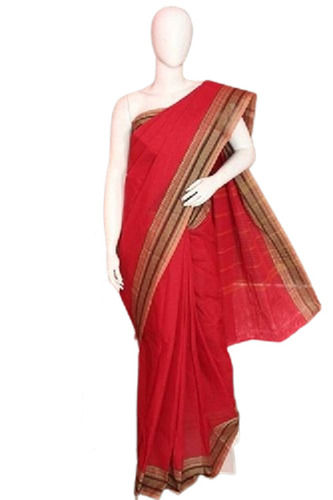 Red Ladies Traditional Breathable Elegant Plain Cotton Silk Saree With Unstitched Blouse