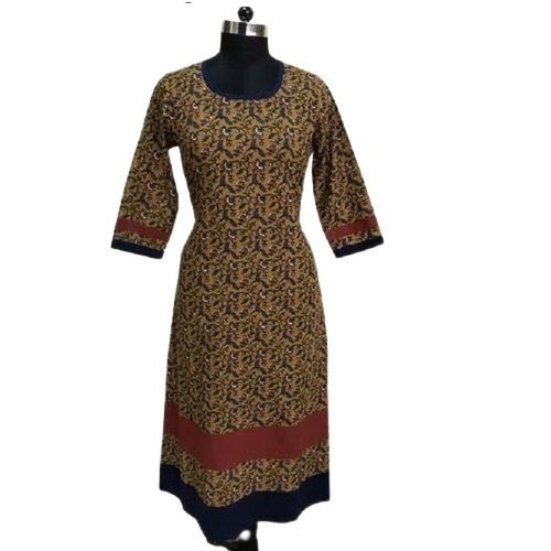 Brown Breathable 3/4 Sleeve Round Neck Cotton A Line Printed Ladies Kurti