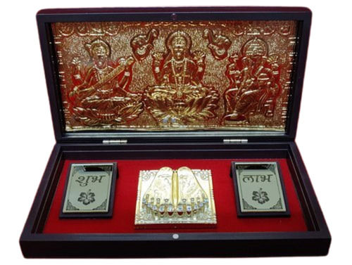 Light Weighted Portable Rectangular Plastic And Brass Diwali Pooja Gift Set