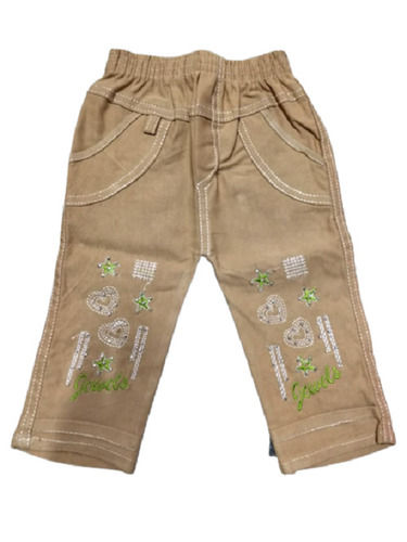 Cream Streatchable Waist Line Fancy Cotton Jeans For 5 To 6 Year Kids