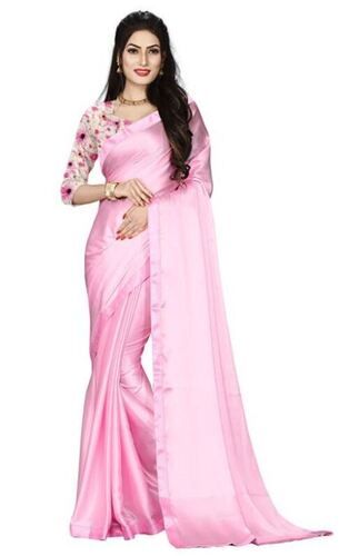 Buy women's plain satin saree of color bubble gum pink with unstitched  blouse piece at Amazon.in