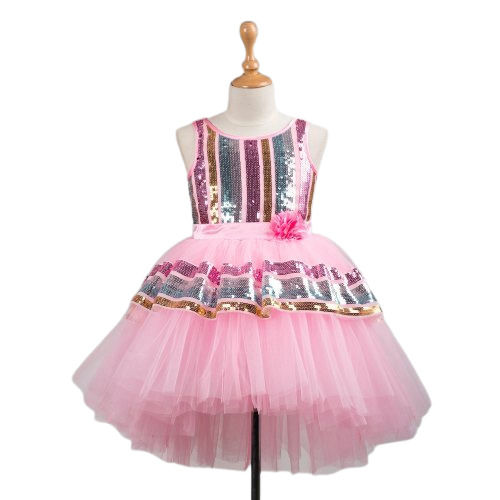 Party Wear Sleeveless Chiffon Fabric Designer Pink Girls Frocks