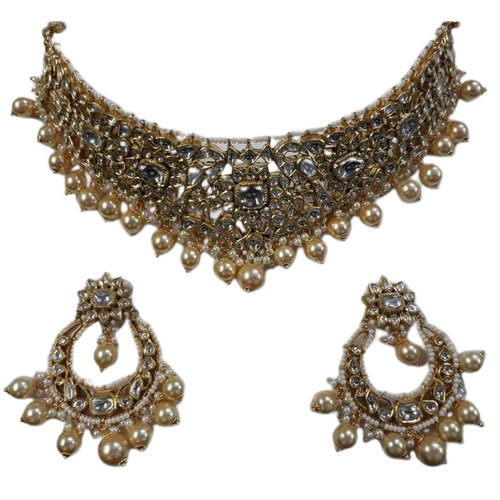 Golden Stylish Pearls And Crystal Studded 22 Ct Gold Designer Bridal Necklace Set