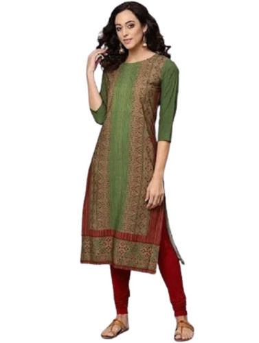 Shrink Resistance Breathable Ladies 3/4th Sleeve Printed Round Neck Silk Cotton Kurta