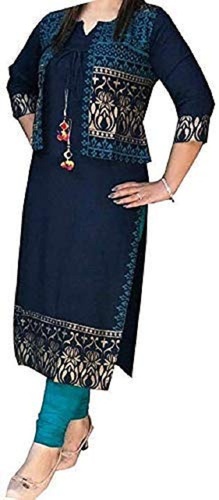 सिल्वर ब्रीथेबल और मॉइस्चर अब्सॉर्बेंट 3/4 स्लीव रेयॉन प्रिंटेड कुर्ती