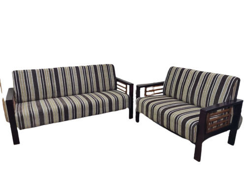Five Seater Polished Finish Wooden and Leather Fabric Sofa Set