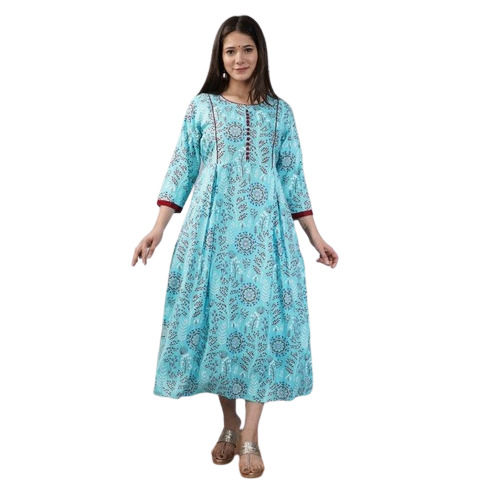 Blue Ladies Casual Wear Printed Viscose Rayon Anarkali Kurti