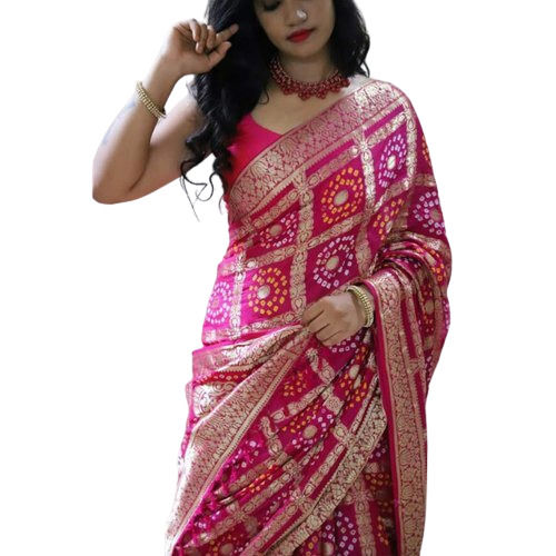 Pink Traditional Embroidered Cotton Silk Bandhani Saree With Blouse Piece 