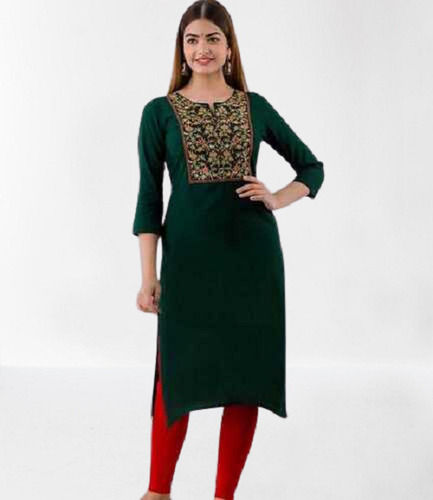 Green Women Designer Round Neck Casual Daily Wear Cotton Kurti