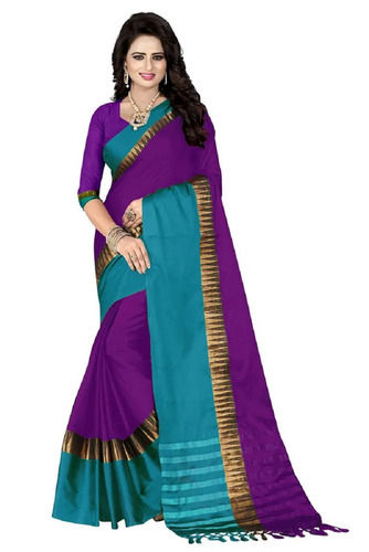 Purple Light Weight Hand Embroidered Printed Pattern Cotton Silk Saree For Women