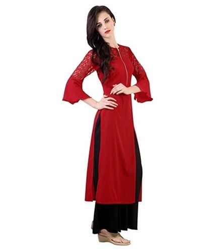 Red Ladies Elegant Designs And Breathable Fashionable Plain Cotton Kurti