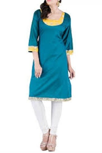 Blue Breathable And Cool Pass Designer Trendy Ladies Casual Plain 3-4Th Sleeve Kurti 