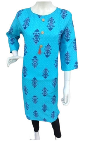 Multi Color Casual Wear Round Neck 3/4Th Sleeves Printed Ladies Cotton Kurtis