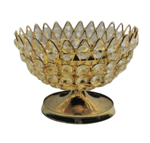 Brown 2.5 Inch Round Polished Brass And Crystal Decorative Table Diya