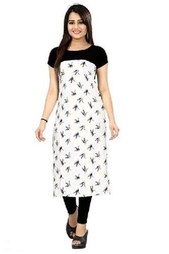 Black White Ladies Comfortable Short Sleeves Round Neck Cotton Kurti