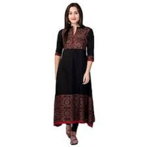 Straightforward Style Lace Decorated Black Printed Cotton Kurti Bust Size: 38 Inch (In)