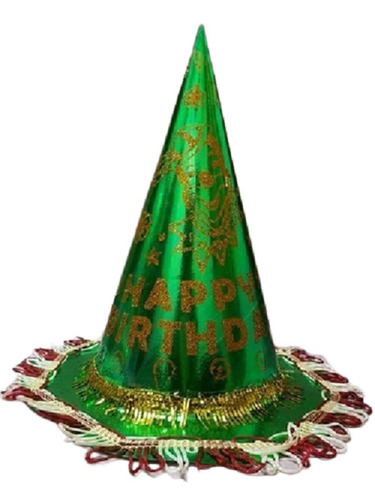 Birthday Hat - Eco-friendly Printed Paper Triangle Design | 8 Inch Length, Green Color, Disposable For Party Celebrations