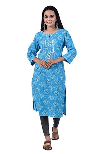 Sky Blue Ladies 3/4 Sleeves Breathable Printed Cotton Kurtis For Casual Wear