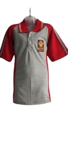 Red And Grey Short Sleeves Plain Cotton School Sportswear Polo T-Shirt