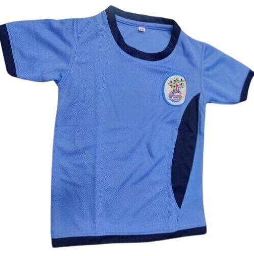 Sky Blue Short Sleeves Round Neck Plain Cotton School Sportswear T-shirt