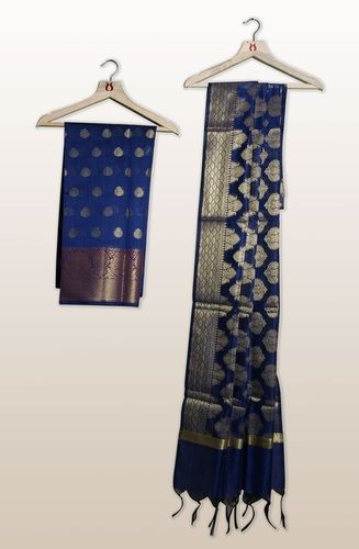 Women Breathable Round Neck Light Weight Cotton Silk Blue Chanderi Suit