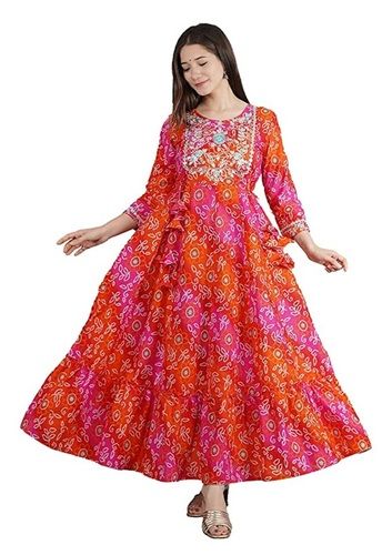  Breathable 3/4 Sleeves Round Neck Printed Anarkali Suit For Ladies