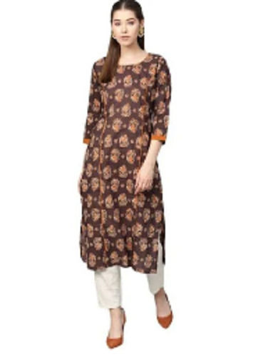 Brown Printed Full Sleeve Breathable Ladies Cotton Kurti 