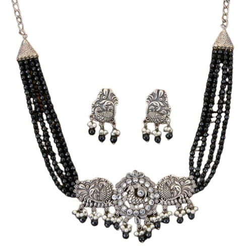 Women Party Wear Indo Western Oxidized Plated Choker Necklace With Earings 