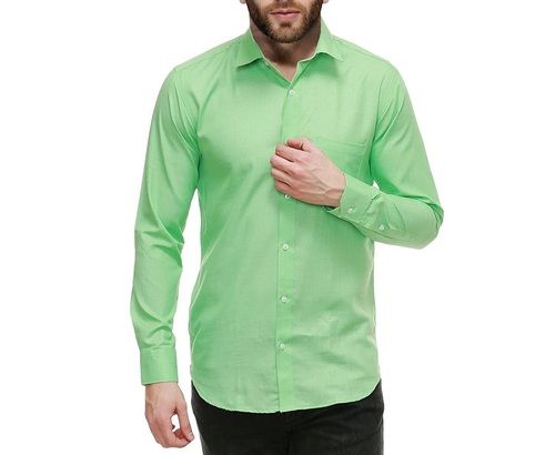 Mens Collar Neck Full Sleeves Plain Green Cotton Shirt