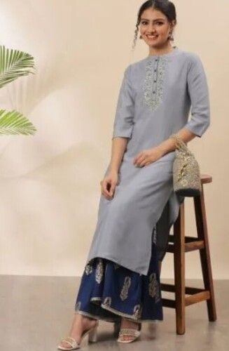 Slip on Straight 3/4 Sleeves Women's Grey Poly Silk Kurta