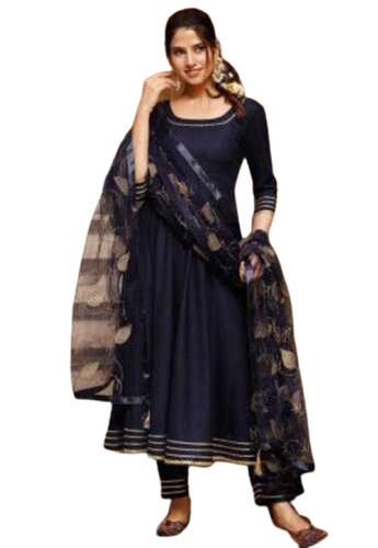 Beige Ladies Party Wear 3/4Th Sleeve Blue Round Neck Anarkali Dress